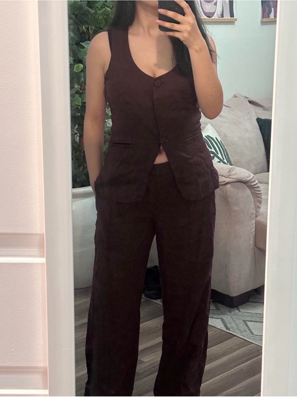 Madewell Dark Brown Wide-Leg Linen-Blend Pants with Matching Vest